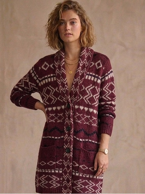 J. Jill Womens Long Cardigan Sweater Size Large Aztec Maroon White Black Pattern